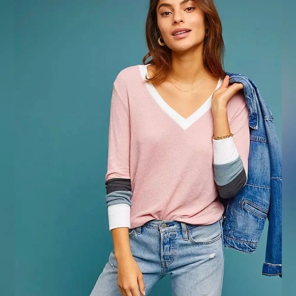 WildFox Soft Waffle Knit Leroy V-Neck Tee XS 3/4 Quarter Sleeve Pink White Gray